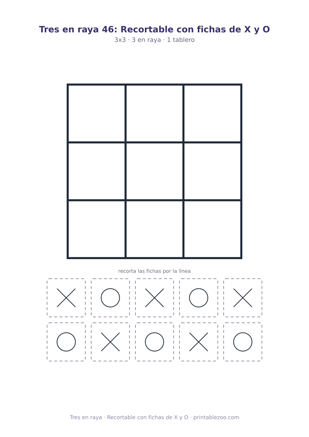 Juego del gato para imprimir y recortar: tablero de 3x3 y 10 fichas, recortable con fichas de X y O