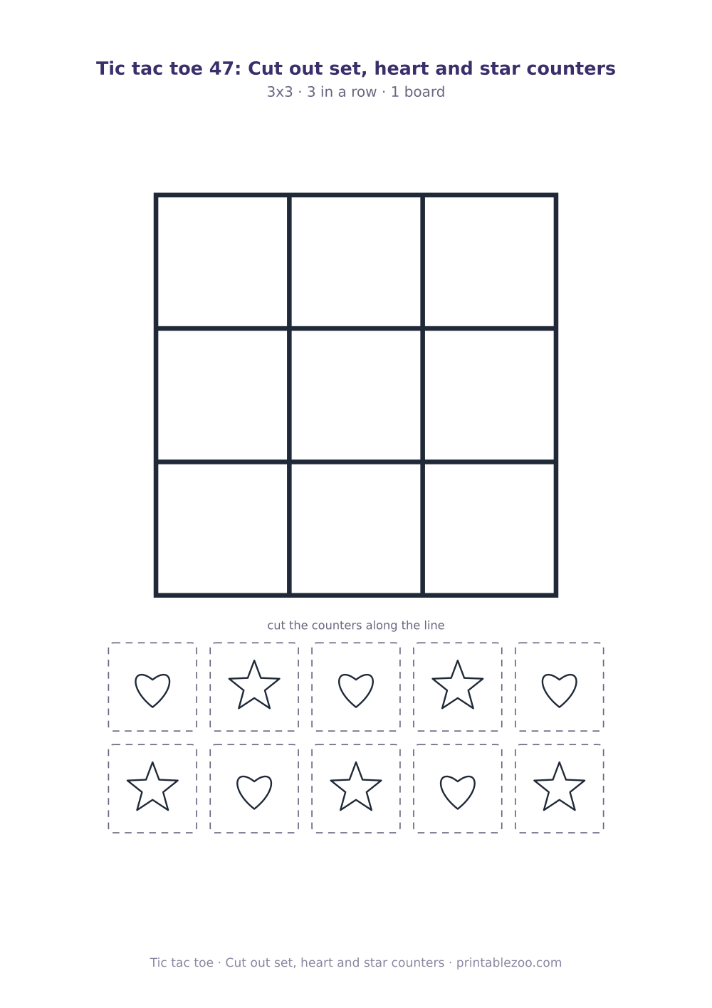 Printable cut out tic tac toe game: 3x3 board and 10 counters, cut out set, heart and star counters