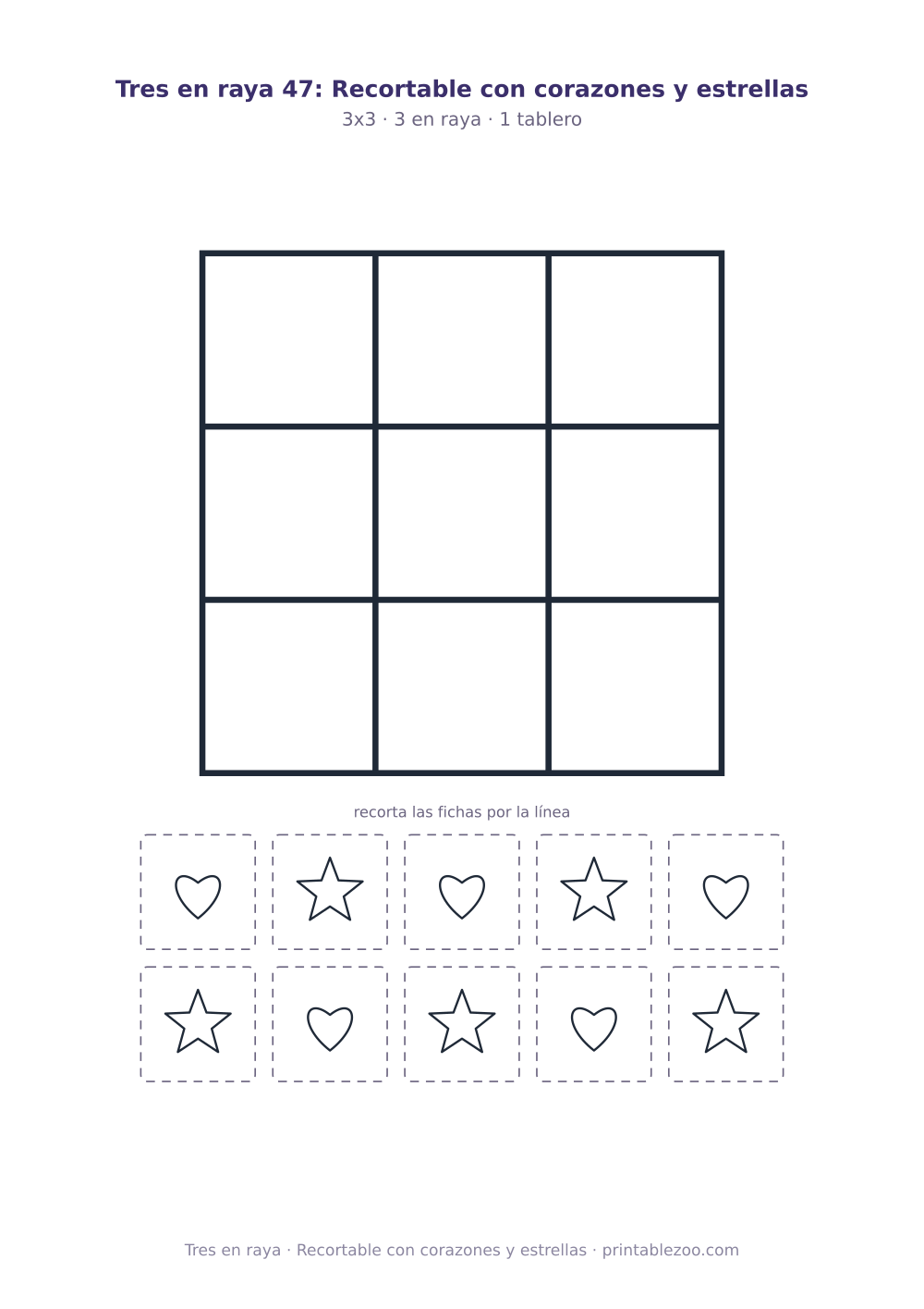 Juego del gato para imprimir y recortar: tablero de 3x3 y 10 fichas, recortable con corazones y estrellas