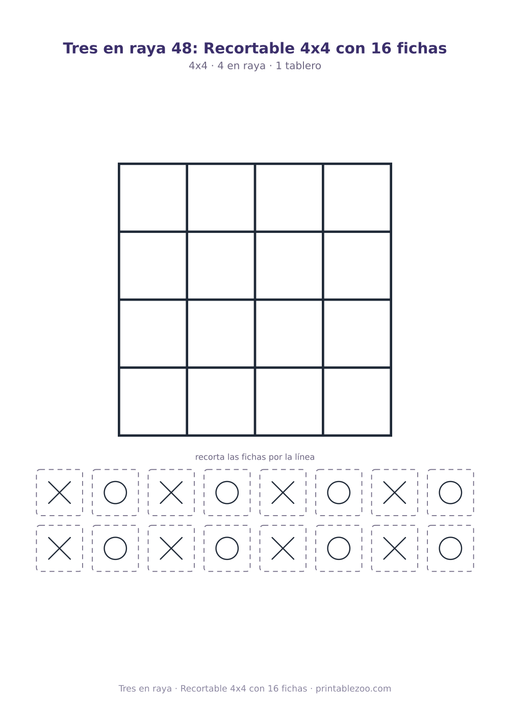 Juego del gato para imprimir y recortar: tablero de 4x4 y 16 fichas, recortable 4x4 con 16 fichas