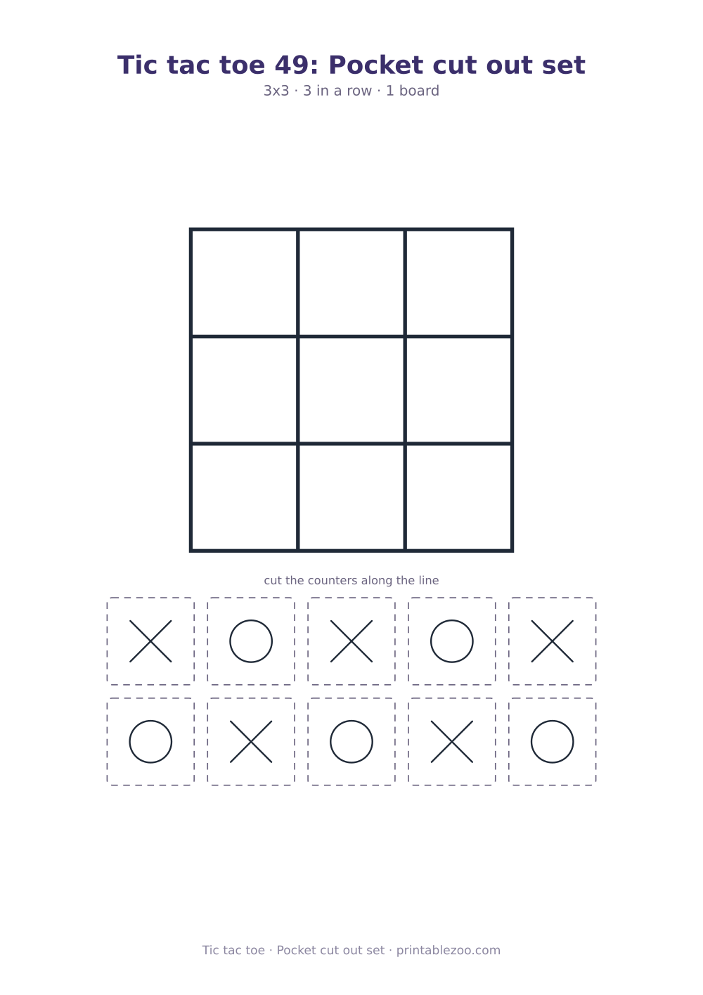 Printable cut out tic tac toe game: 3x3 board and 10 counters, pocket cut out set