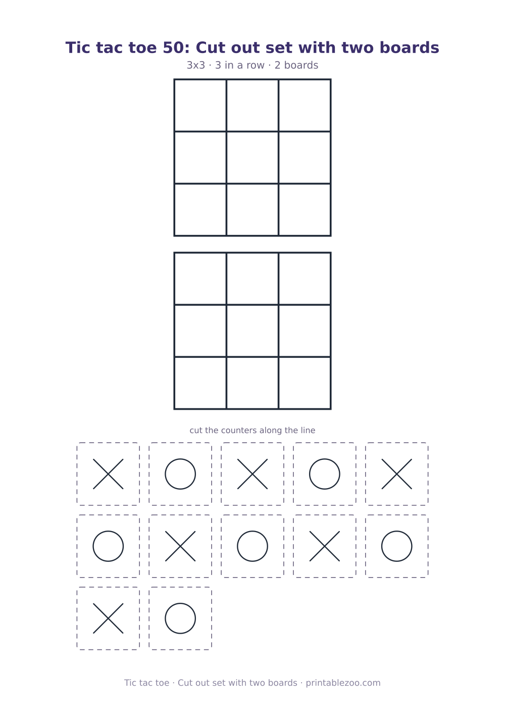 Printable cut out tic tac toe game: 3x3 board and 12 counters, cut out set with two boards