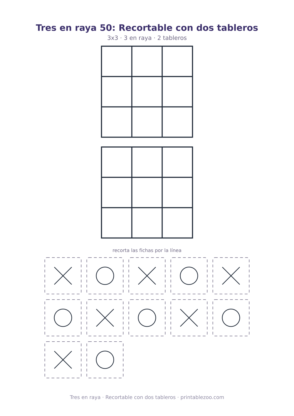 Juego del gato para imprimir y recortar: tablero de 3x3 y 12 fichas, recortable con dos tableros