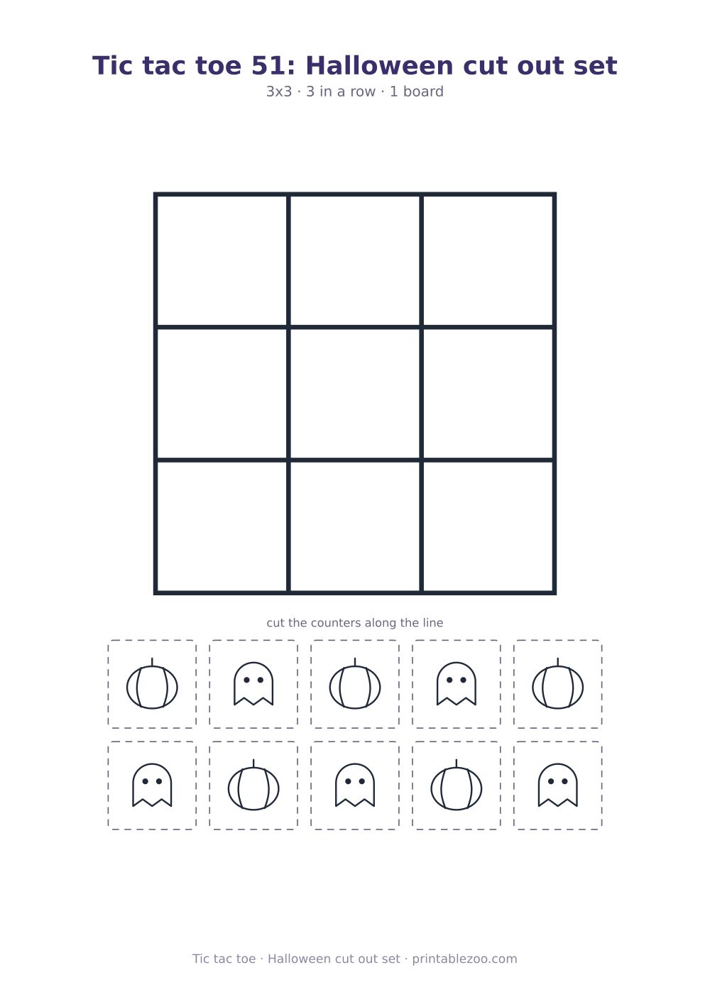 Printable cut out tic tac toe game: 3x3 board and 10 counters, halloween cut out set