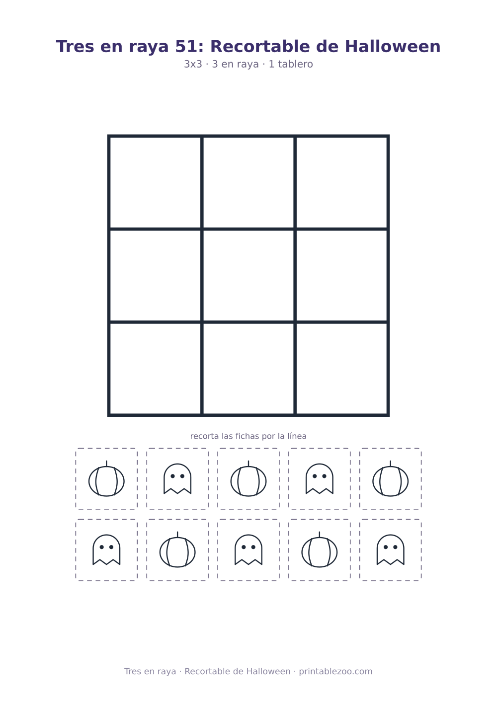 Juego del gato para imprimir y recortar: tablero de 3x3 y 10 fichas, recortable de Halloween