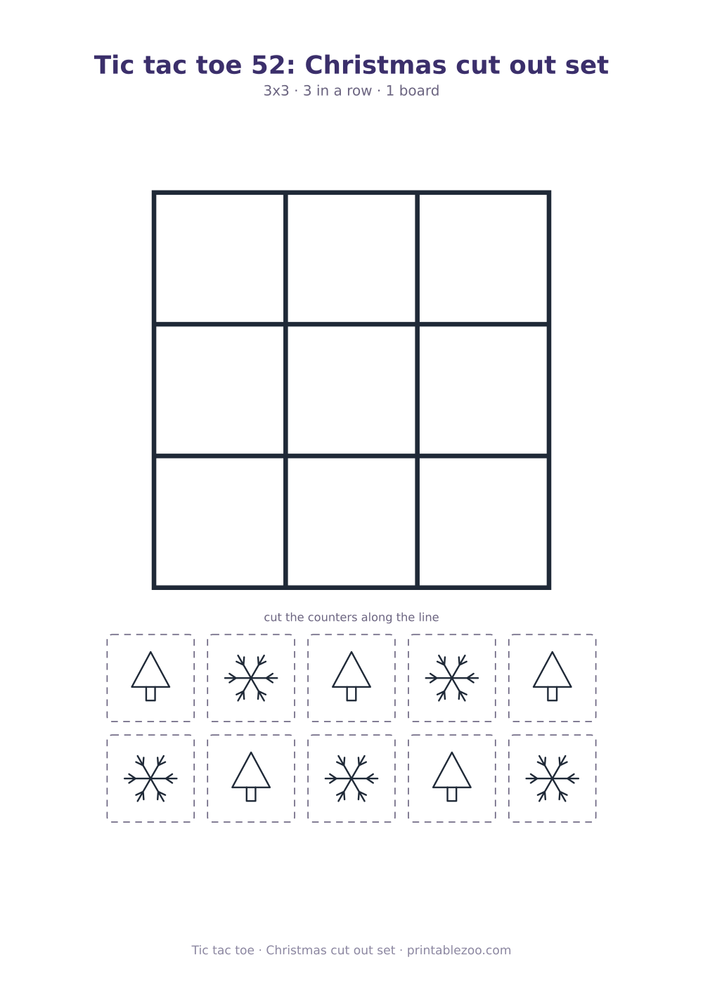 Printable cut out tic tac toe game: 3x3 board and 10 counters, christmas cut out set