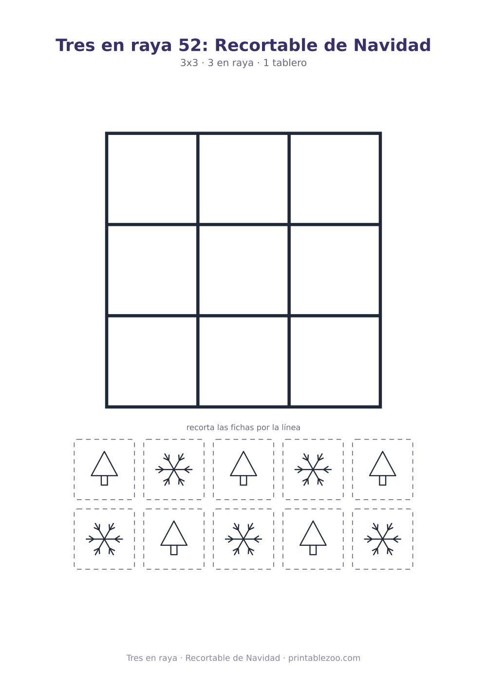 Juego del gato para imprimir y recortar: tablero de 3x3 y 10 fichas, recortable de Navidad