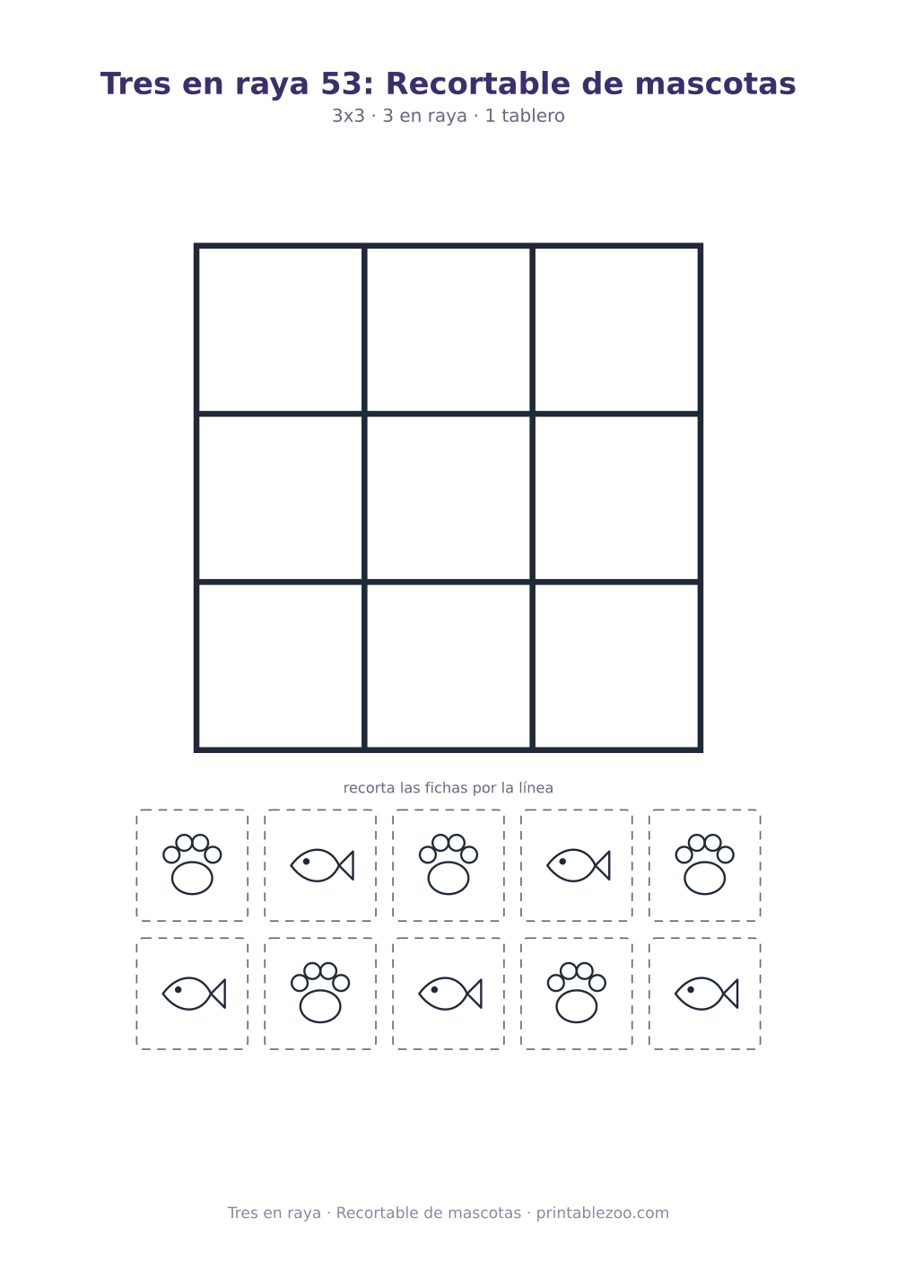Juego del gato para imprimir y recortar: tablero de 3x3 y 10 fichas, recortable de mascotas