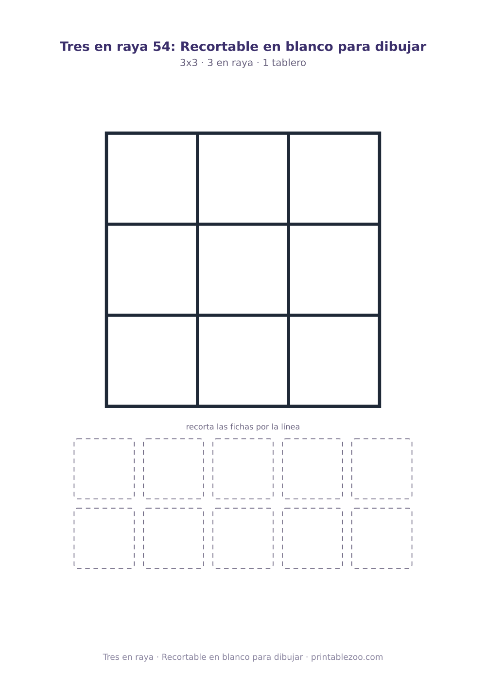 Juego del gato para imprimir y recortar: tablero de 3x3 y 10 fichas, recortable en blanco para dibujar